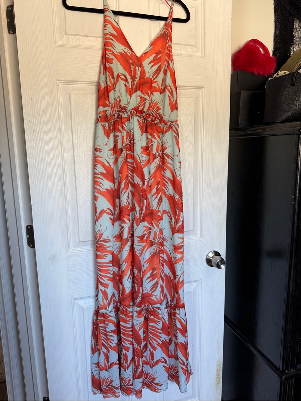 H&M Orange Leaf-Print V-Neck Maxi Dress